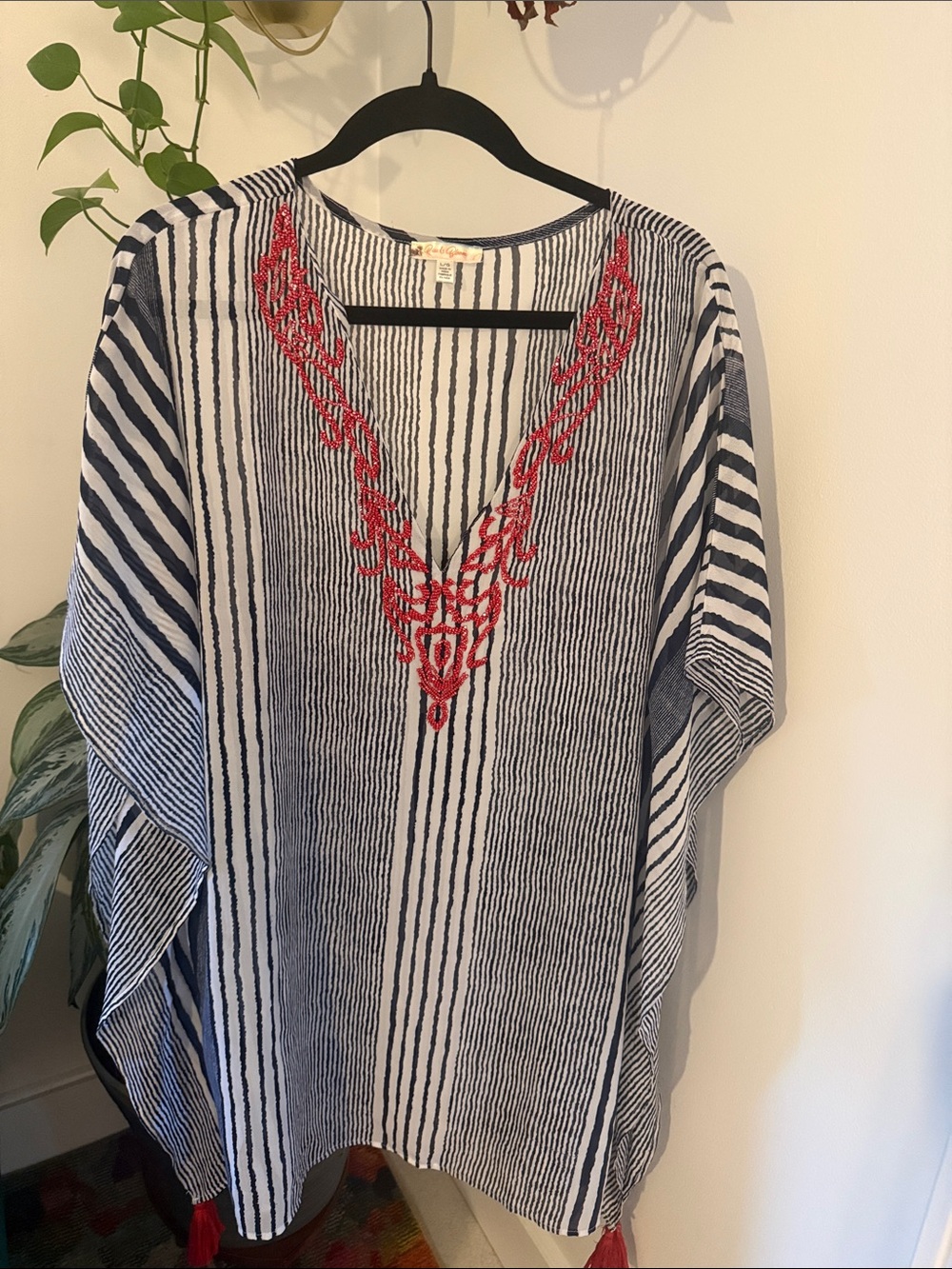 Navy & White Striped Tunic with Red Embroidered V-Neck - Women Tops